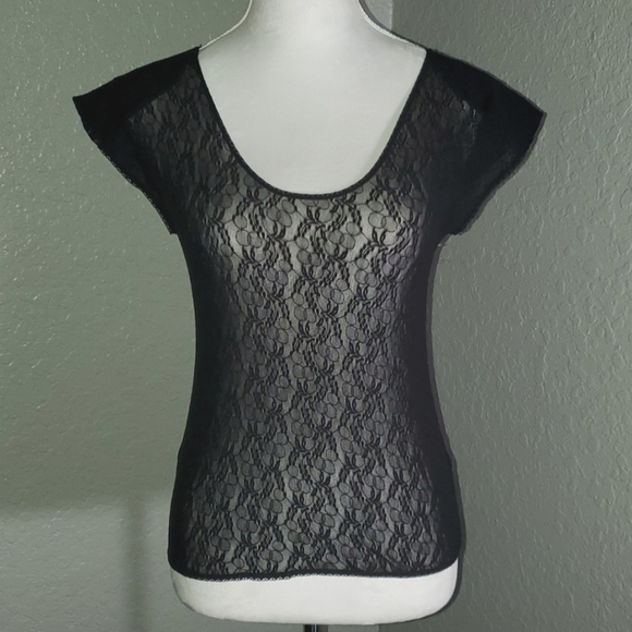 Womens Lace Mesh Black Rounded Neck Short Sleeve Sheer Top. - Picture 1 of 9